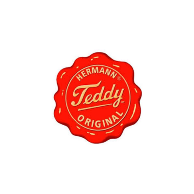 Selo vermelho com texto branco Hermann Teddy Original