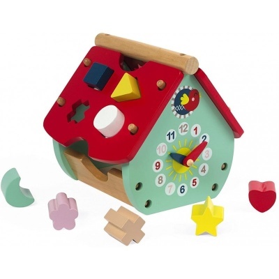 Brinquedo educativo de madeira casinha com formas geométricas coloridas e relógio de números coloridos