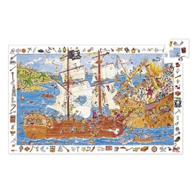 Quebra-cabeças com navio pirata, personagens na costa e borda decorativa com objetos variados