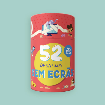 Embala de cartão vermelha com texto e ilustrações coloridas