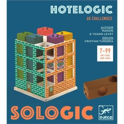 Jogo de lógica SOLLOGIC com peças de madeira coloridas e padrão de tijolos