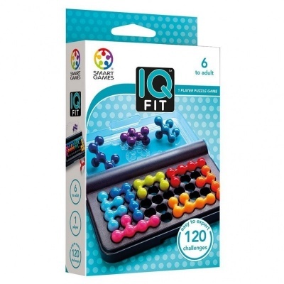 Caixa do jogo de puzzle IQ Fit com tabuleiro preto e peças coloridas