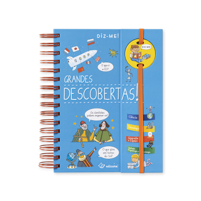 Caderno espiral azul com texto e ilustrações educacionais, faixa elástica laranja