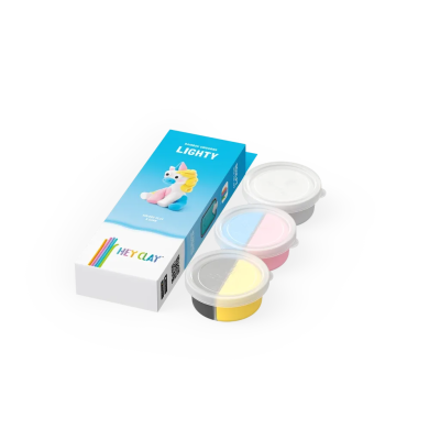 Conjunto de massinhas de modelar Hey Clay com três potes coloridos e caixa azul com unicórnio.