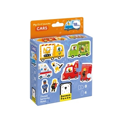 Caixa colorida de puzzle com desenhos de vários carros e personagens