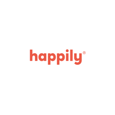 Logótipo 'happily' em laranja sobre fundo branco