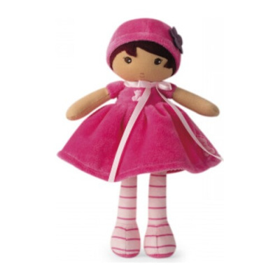 Boneca de tecido vestida de rosa com meias riscas