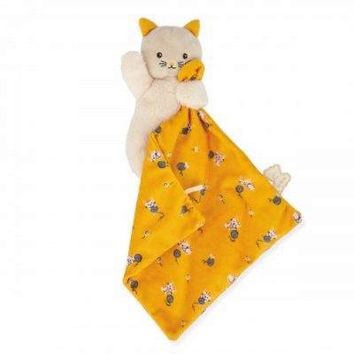Brinquedo gato peluche com manta padrão amarelo