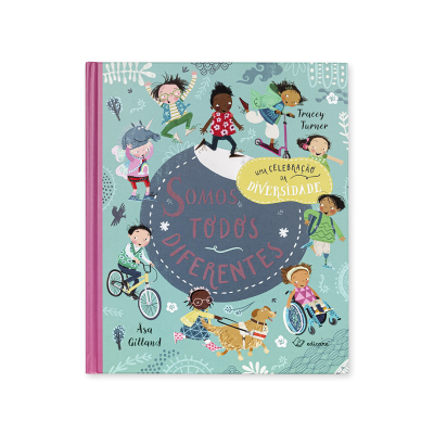 Livro SOMOS TODOS DIFERENTES com ilustrações de crianças diversas e capa dura roxa