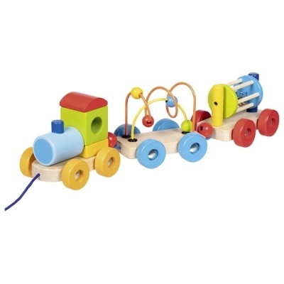 Brinquedo de comboio de madeira colorido com corda azul
