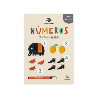 Capa de caixa educativa com números e desenhos de elefante, limões, melancias e sapatos