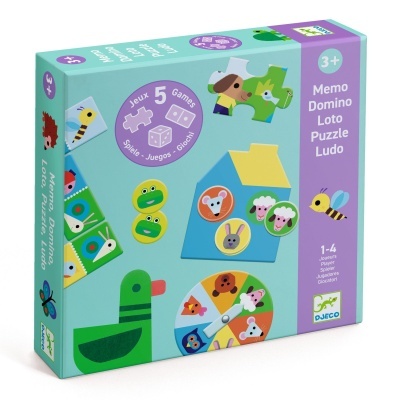 Caixa de jogo infantil Djeco azul e roxa com tema de animais e texto 3+ Memo Domino Loto Puzzle Ludo