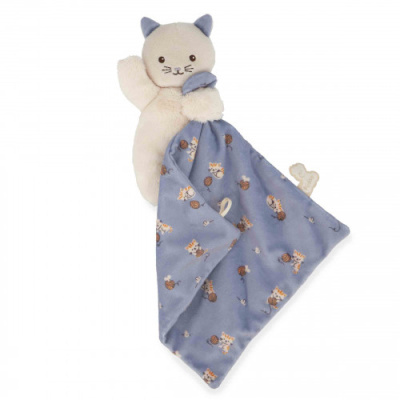Chaveiro de peluche em forma de gato com manta azul estampada