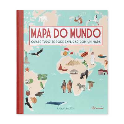 Capa de livro 'MAPA DO MUNDO' com ilustrações de animais, pessoas e monumentos sobre um mapa do mundo