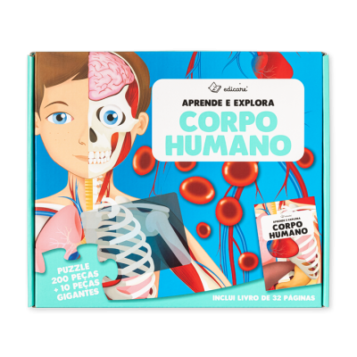 Caixa de puzzle educativo corpo humano com ilustração e texto