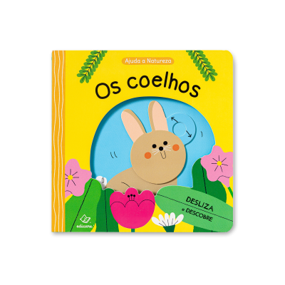 Livro infantil amarelo com coelho e flores na capa