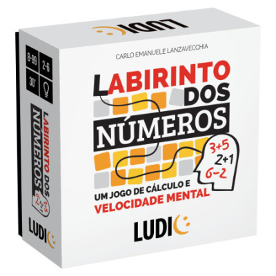 Caixa branca do jogo Labirinto dos Números com texto e gráficos coloridos.