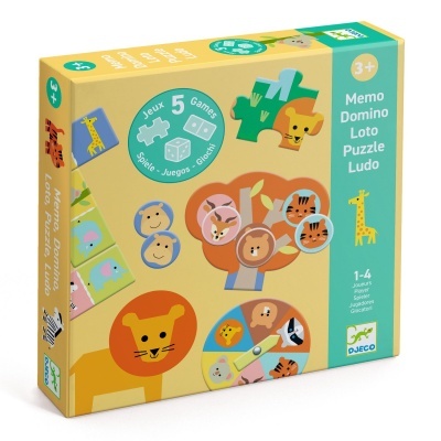 Caixa de jogo infantil DJECO com design de animais e texto dos jogos disponíveis.