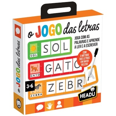 Caixa do jogo educativo o JOGO das letras da HEADU, para crianças de 3 a 6 anos.
