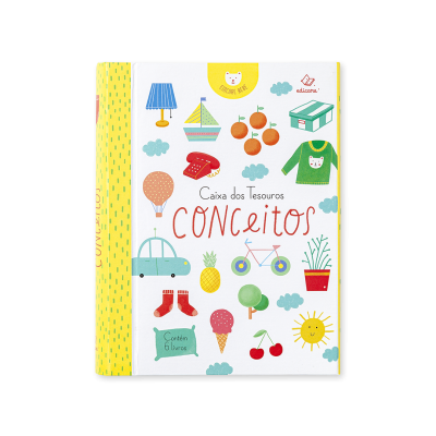Capa de livro infantil com vários desenhos coloridos e título Caixa dos Tesouros CONCeitos