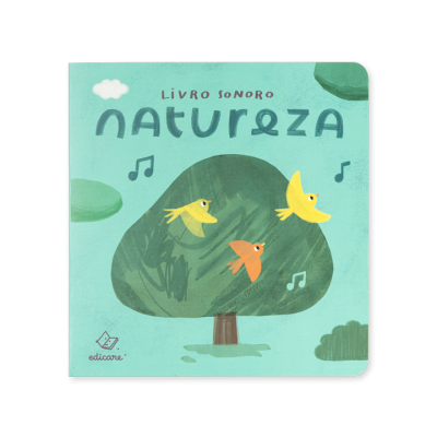 Capa de livro sonoro infantil Natureza com árvore e pássaros coloridos