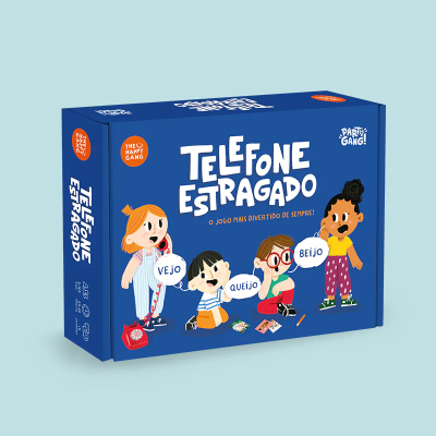 Caixa de jogo de tabuleiro Telefone Estragado azul com ilustrações de crianças e texto em português