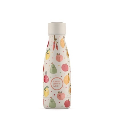 Garrafa térmica com estampas de frutas e texto COOL BOTTLES
