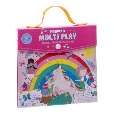Caixa rosa de brinquedo Magnetic Multi Play com ilustrações coloridas e asa amarela
