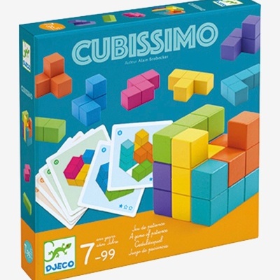 Caixa do jogo Cubissimo com peças de construção coloridas