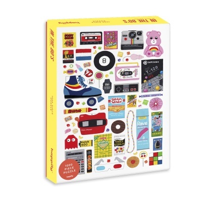 Caixa de puzzle 1000 peças com imagens retrô dos anos 80 coloridas.