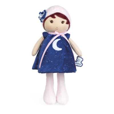 Boneca de pelúcia com vestido azul estrelado e chapéu rosa
