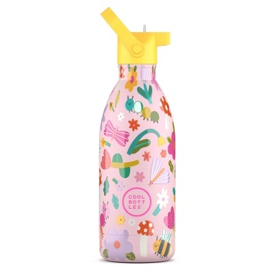 Garrafa de água rosa decorada com flores e insetos e tampa amarela