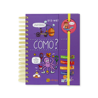 Caderno roxo com ilustrações e texto em português, elástico amarelo e espiral dourada.