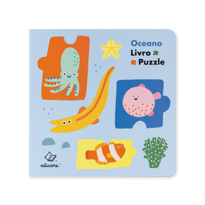 Livro puzzle de crianças com figuras de animais marinhos coloridos e texto Oceano Livro Puzzle