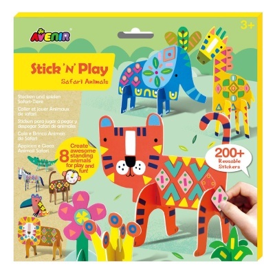Caixa do brinquedo Stick N Play Safari Animals com 8 animais coloridos e autocolantes