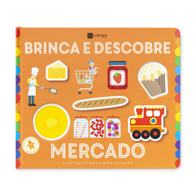 Capa de livro infantil laranja com várias ilustrações relacionadas com mercado