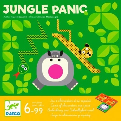 Embalagem verde do jogo Jungle Panic com desenhos de animais geométricos e folhas