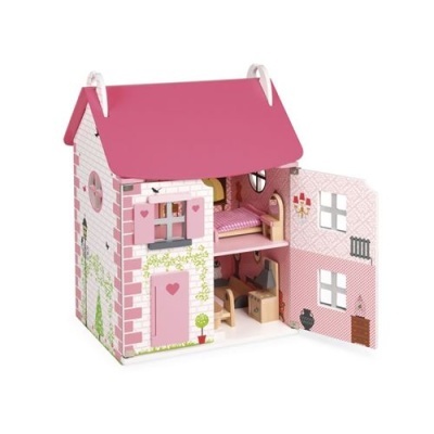 Casa de bonecas rosa e branca com interior mobiliado