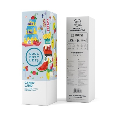 Embalagem colorida para garrafa térmica reutilizável COOL BOTTLES Kids com ilustrações de bolos e doces