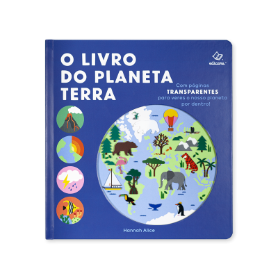 Capa azul do livro O LIVRO DO PLANETA TERRA com ilustrações de animais e texto em português.