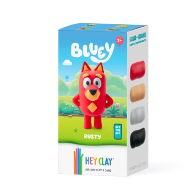 Caixa do produto Bluey Rusty de massa de modelar Hey Clay com figura vermelha e texto colorido