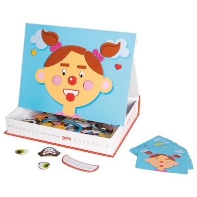 Jogo infantil para montar rostos com peças de olhos, boca e sobrancelhas, em base com rosto de criança e cartas ilustradas.