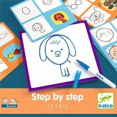 Jogo Step by step de Djeco com cartões e quadro branco para desenhar cães