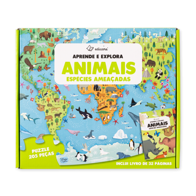 Caixa de puzzle com animais e texto educativo sobre espécies ameaçadas