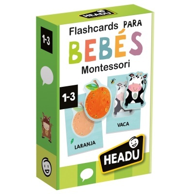 Caixa de flashcards para bebés Montessori com imagens de laranja e vaca