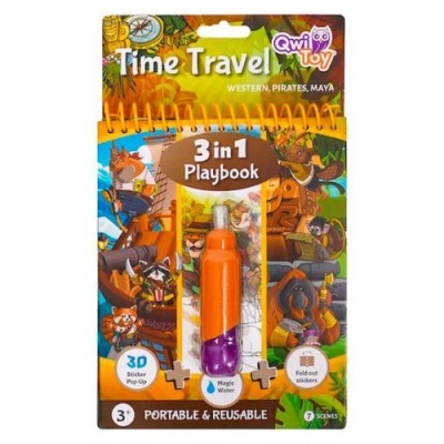 Jogo infantil Qwiloo Toy Time Travel 3 in 1 Playbook com caneta mágica e autocolantes em embalagem colorida.