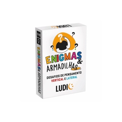Caixa de jogo Enigmas & Armadilhas com cores vibrantes e ilustração