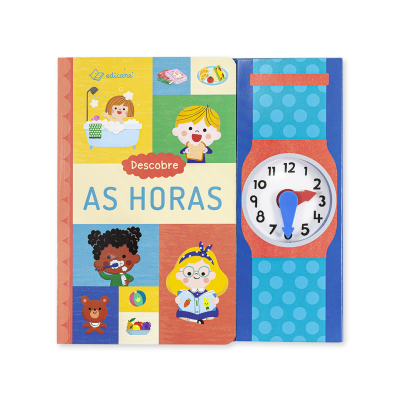 Capa de livro infantil 'Descobre AS HORAS' com ilustrações de crianças, ursinho, brinquedos e relógio com ponteiros articulados.