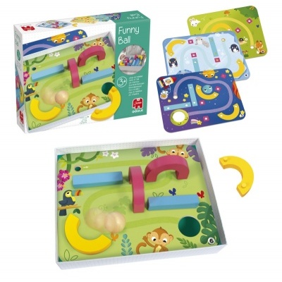 Jogo infantil de madeira colorido com peças e tabuleiro ilustrado, embalagem e cartões com pistas.