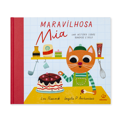 Capa de livro com gato e bolo numa cozinha colorida